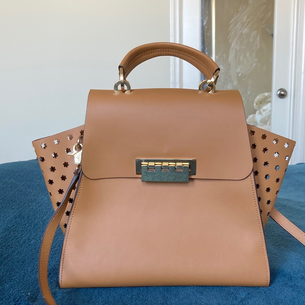 Zac Posen Eartha satchel crossbody bag with laser cut flower details in camel